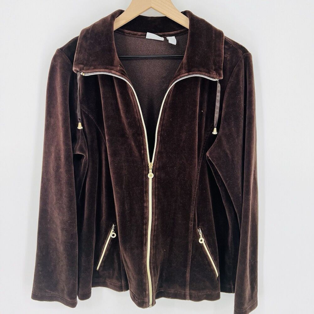 Chicos Brown Velour Full Zip Jacket Size Large